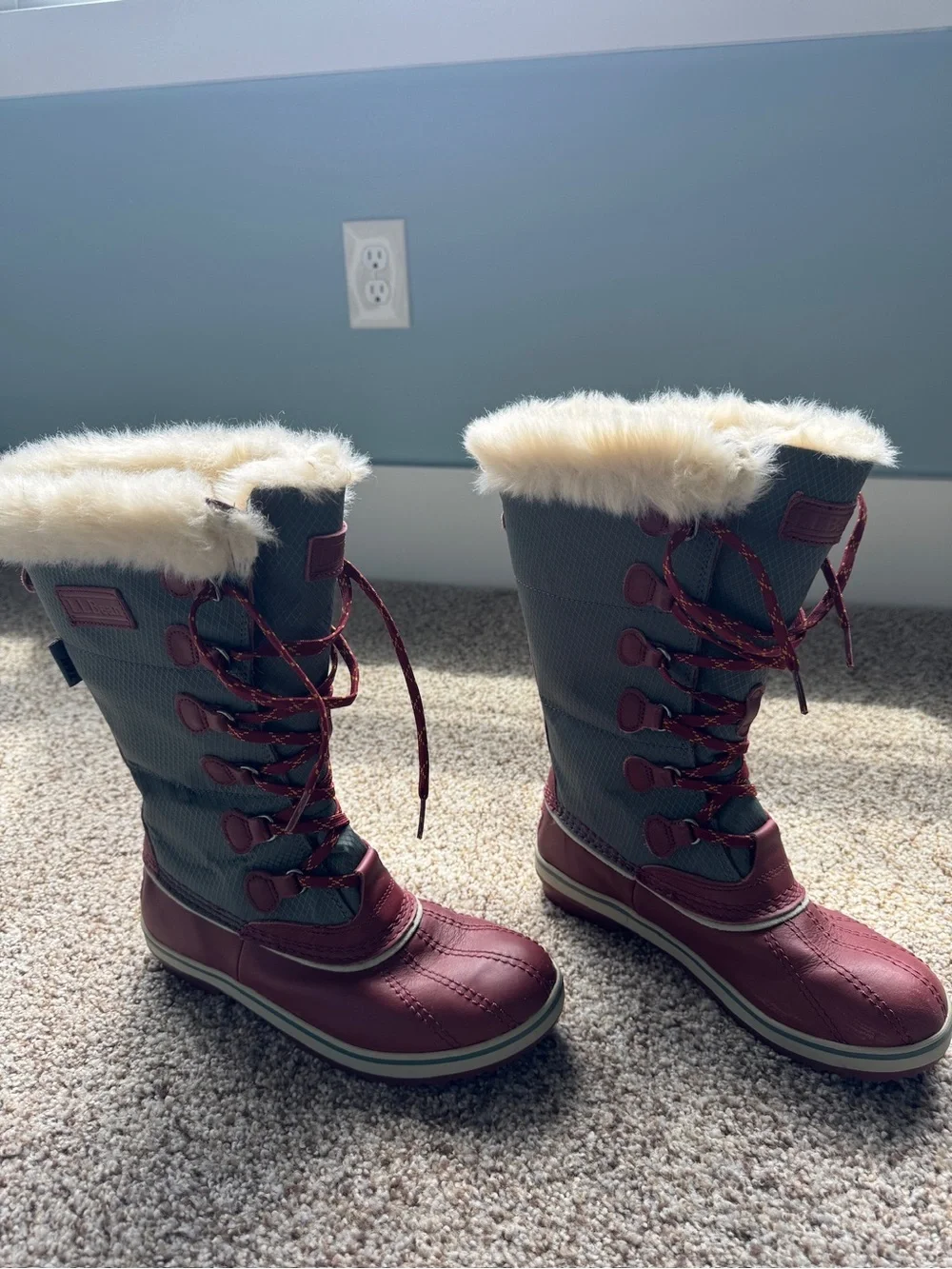 L.L. Bean Burgundy and Gray Faux-Fur Lace-Up Winter Boots